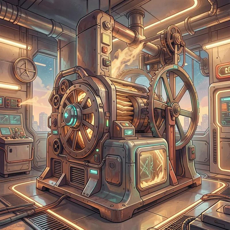 A retro-futurist grain mill in a glowing control room — grain moving
through the rollers, gauges and monitors all around.